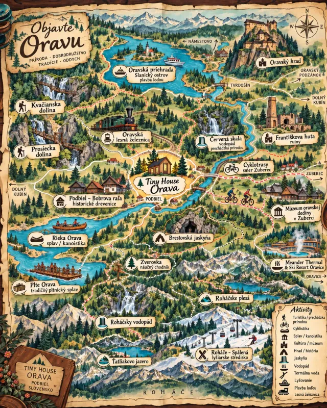 Ilustrovaná mapa Oravy s chatou v Podbieli uprostred: Oravský hrad, Oravská priehrada, Roháče, Brestovská jaskyňa, splav Oravy a ďalšie výlety